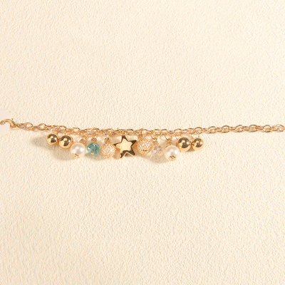 Dainty Pearl Women Bracelet with Dangling Metal Bell and Beads Gold Plated Chain Adjustable