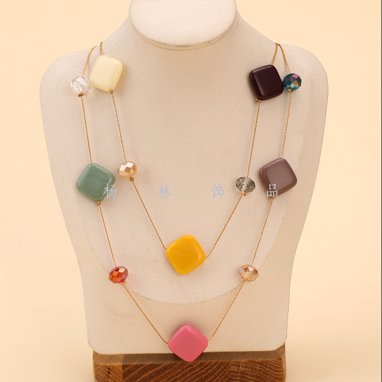 Double-Layer Colorful Square Fashion Big Necklace Simple All-Match