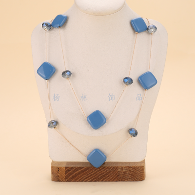 Double-Layer Blue Square Fashion Big Necklace Simple All-Match