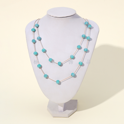 Double-Layer Crystal Stone Sky Blue Spheroidal Fashion Big Necklace Simple All-Match