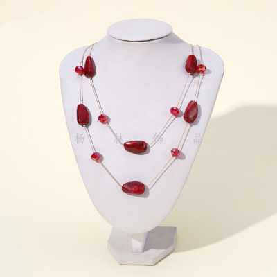 Double-Layer Red Large Natural Pebble Style Fashion Big Necklace Simple All-Match