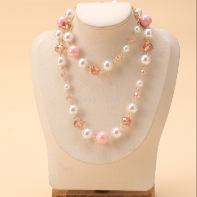 Double-Layer Pink and White Round Ball Pearl Fashion Big Necklace Simple All-Match