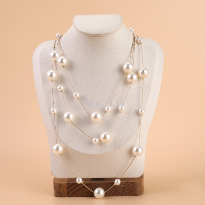 Three-Layer Yellow Chain White Round Ball Pearl Fashion Big Necklace Simple All-Match