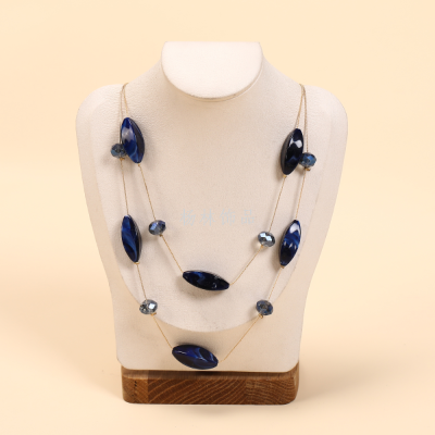 Double-Layer Crystal Stone Sapphire Blue Fashion Big Necklace Simple All-Match