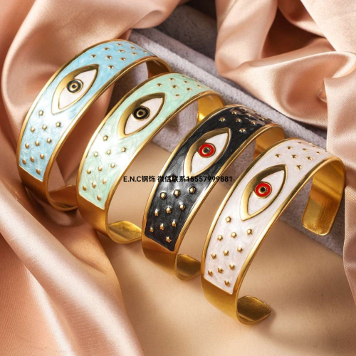 宽版不锈钢手镯可调节大小女夸张高级感恶魔之眼滴油彩色个性手饰