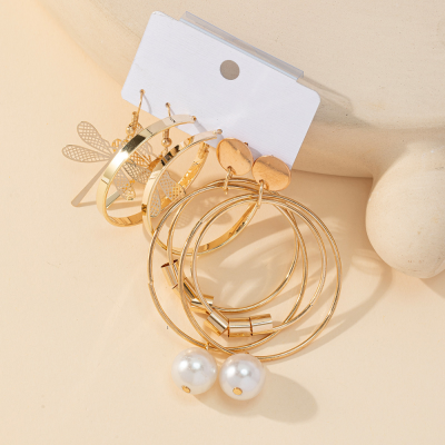 Cross-Border Retro Advanced Exaggerated Dragonfly Circle and Pearl Earrings