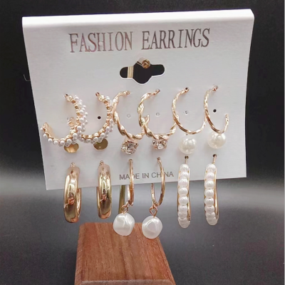 9 Pairs Pearl Stud Earrings round Ring Earrings Metal Zircon Earings Set