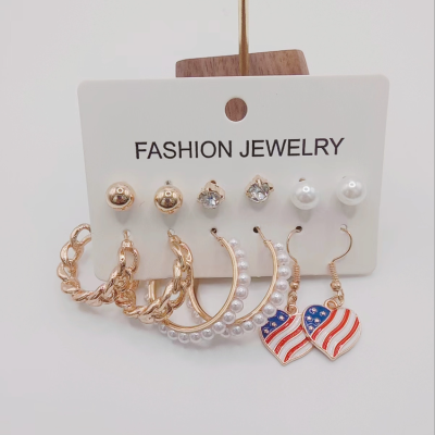 6 Pairs Pearl CCB Stud Earrings Chain Pearl American Flag Earrings Set