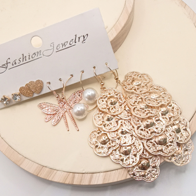 Fashion Rhinestone Heart Dragonfly Pearl 9 Piece Pattern Earrings Set