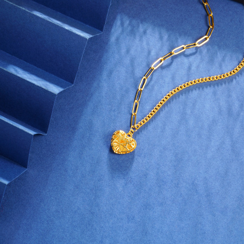 久不掉色爆闪越南古法沙金镂空线条爱心项链时尚小众设计感首饰品