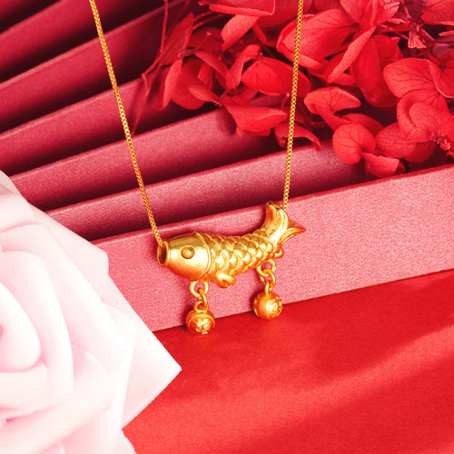 古法沙金锦鲤项链女款小众百搭国风吉祥鲤鱼吊坠饰品义乌配饰批发