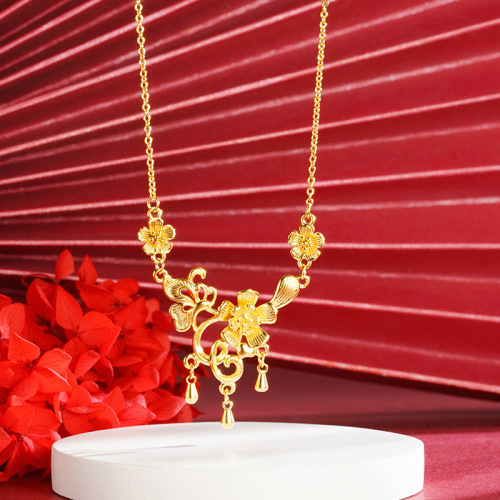 越南古法沙金镭射花朵藤蔓流苏项链小众高级感气质久不掉色饰品