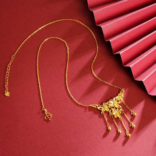 新中式越南沙金繁琐花朵流苏项链女百搭高级感小众花丝镂空首饰品