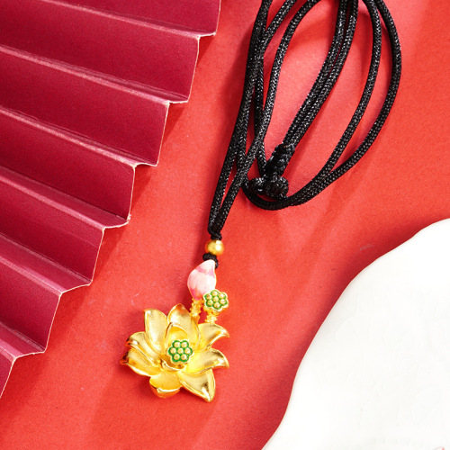 沙金莲花项链女款小众轻奢花卉荷花莲蓬吊坠饰品首饰义乌配饰批发