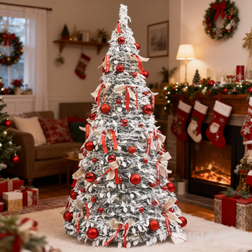 现货厂家折叠树伸缩圣诞树客厅酒店落地装饰白色PVC植绒圣诞树