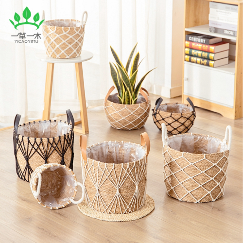 flower stand rattan woven living room home flower basket flower pot straw woven floor-standing decorations seaweed floor-standing knitted basket bamboo net pocket