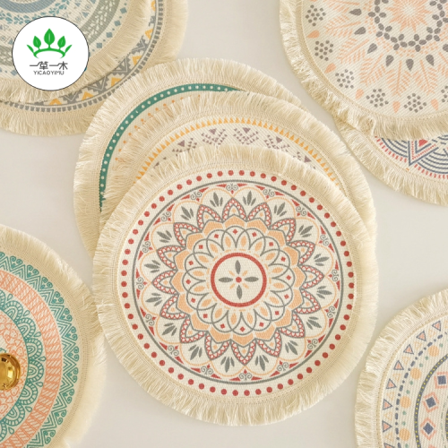 ethnic style round placemat bohemian decorative placemat table insulation mat cotton line coaster fabric woven placemat