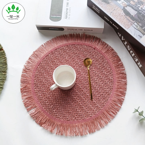 handmade round placemat eco paper straw woven placemat heat proof mat european cup mat paper tassel straw mat