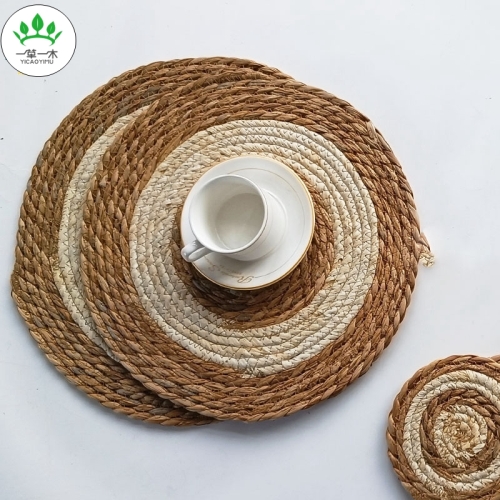 pastoral style pu straw rope with corn leather rope placemat insulation potholder hot selling japanese coaster creative square hand-woven mat