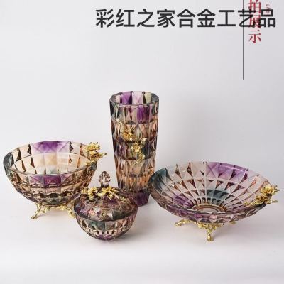 Living Room Fruit Plate European-Style Home Ornament Crystal Glass Vase Fruit Plate Candy Box 4-Piece Set Decorations