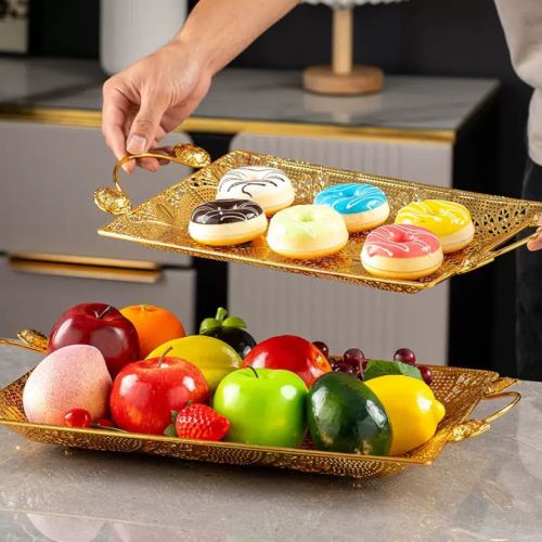 轻奢风长托盘方形金色镂空水果零食收纳盘酒店会所零食盘