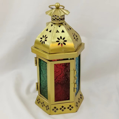 Moroccan Iron Lantern Gold Decoration Gife Colored Glass Hollow Printing