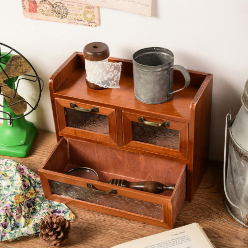 海棠花复古木质玻璃柜化妆品首饰收纳柜子带抽屉北欧风桌面收纳盒