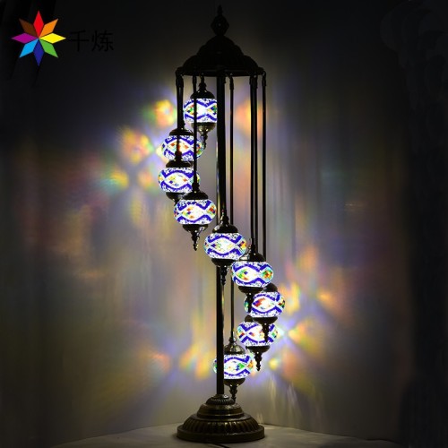 千炼地中海复古落地灯客厅卧室酒店民宿手工9头土耳其琉璃灯饰
