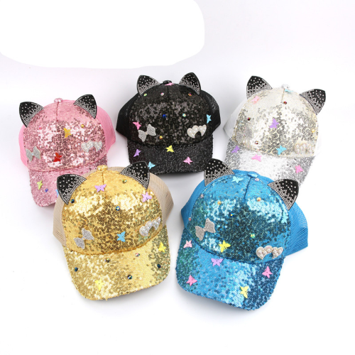 Wholesale Adult Children Cute Cat Ears Sequins Outdoor Sports Cap Boys and Girls Sunshade Baseball Cap