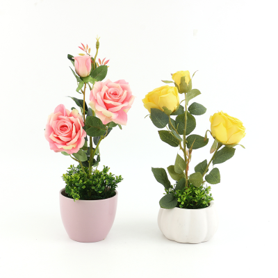 Three-Head Small Rose Bonsai Creative Factory Direct Supply Fake Flower Artificial Creative Home Decoration Indoor Decoration Props