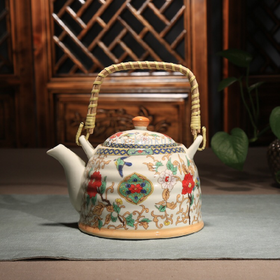 Women's Ceramic Chinese-Style Household Retro Cold Water Bottle Large Capacity Ceramic Teapot Loop-Handled Teapot Flowers and Birds Rose Large Water Bottle