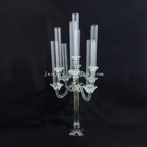 工厂直销欧式九头水晶烛台透明水晶玻璃烛台婚庆婚礼水晶玻璃烛台