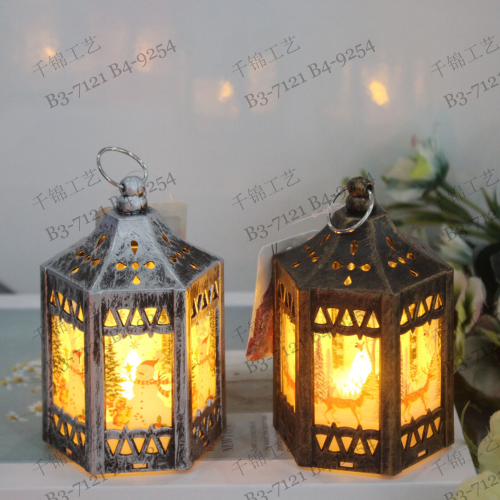 跨境圣诞复古发光六角电子蜡烛风灯万圣节蜡烛灯印图桌面装饰摆件