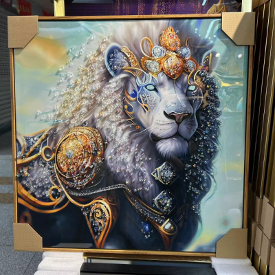 Weimeng Lion Slightly Luxury Decoration Calligraphy and Painting High-End Diamond-Embedded Crystal Porcelain Painting Popular Decorative Painting Customer Hanging Painting