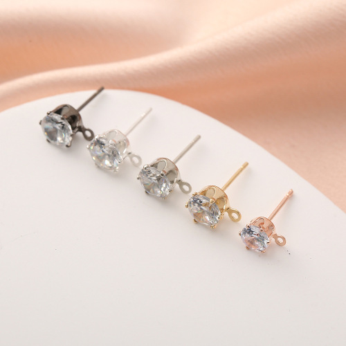 定制高闪一粒钻耳钉铜制6爪锆石耳钉圆形带吊耳骨钉加工定做