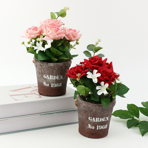 复古做旧泥土玫瑰盆栽罗勒叶仿真植物盆景咖啡厅仿真花装饰摆件