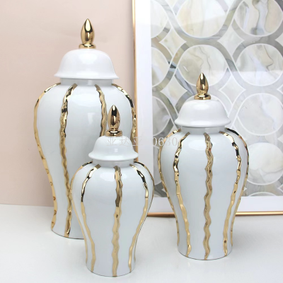 European-Style Ceramic Stripe Temple Jar Decoration Gold-Plated Silver Edge Jar Decorative Crafts