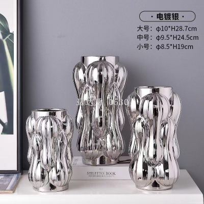 Light Luxury Electroplated Silver Vase Decoration Creative Home Living Room Coffee Table Ceramic Decorative Crafts