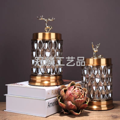 European-Style Transparent Crystal Glass Candy Box American Storage Jar Brass Deer Creative Sucrier Living Room Decorations Ornaments