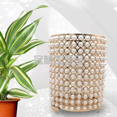 Nordic Ins Light Luxury Creative Crystal Handmade Pearl Trash Can Home Geometric Iron Craft Decorations Wastebasket Decorations