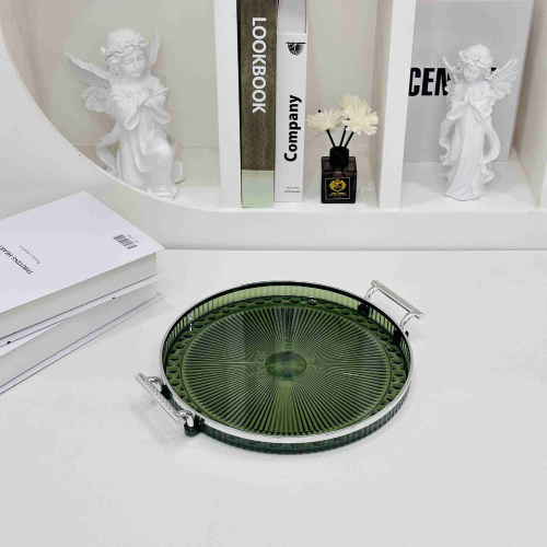 silver edge green disc round tray light luxury binaural plastic tray hotel candy plate fruit tray storage tray