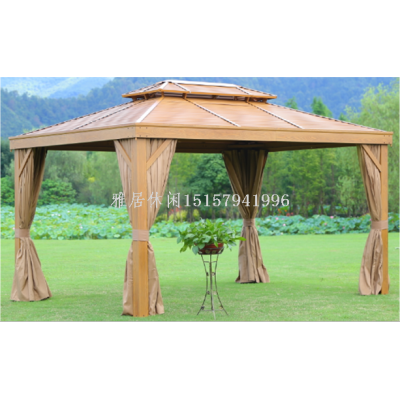 Aluminum Alloy Pavilion Wooden House Four-Corner Outdoor Oversized Sun Room Wood Grain with Mosquito Net