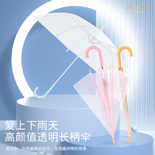 Rst119 Three-Color Transparent Full Fiber Umbrella Long Handle Umbrella Plastic Wind-Resistant Parallel Umbrella Wholesale