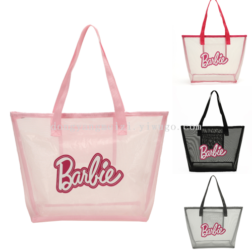 休闲旅行单肩手提透明网纱 个性字母户外海边大容量沙滩购物袋