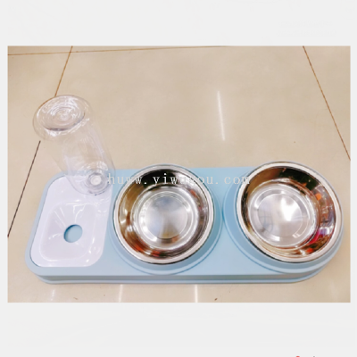 Pet Feeding Basin Double Bowl Neck Protection Drinking Water Feeding Dual-Use (2 Stainless Steel Bowl + Water Bottle + Color Box)