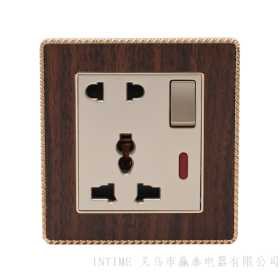 Multi-Functional Socket Three-Hole + Two-Hole Two-Position Socket with Switch Indicator Light Imitation Wood Color Socket with the Same Series