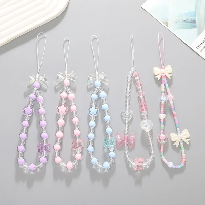 Women Girls Beaded Mobile Phone Lanyard Smartphone Chain Anti-Lost Tellphone Rope Candy Colored Wrist Strap Short Pendant Gifts