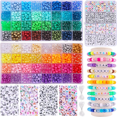 2350pcs, 64 Colors, Pony Beads for Bracelet and Necklace Making, Rainbow Craft Beads and Elastic Strings Kit, Letter Beads Set for Girls