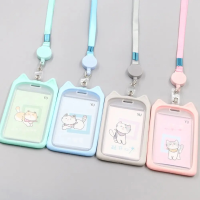 Cute Cartoon Cat Card Holder Candy Color ID Card Sleeve Retractable Reel Lanyard Identity Credit Cover Case Bank Bus Card Case