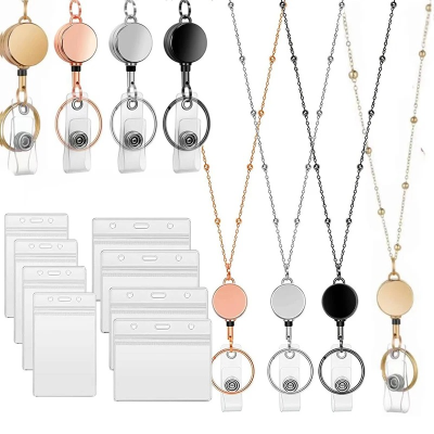 Retractable Badge Reel Lanyard ID Card Holders Stainless Steel Chain Necklaces Keychain Clip for Women Men Employee Wholesale